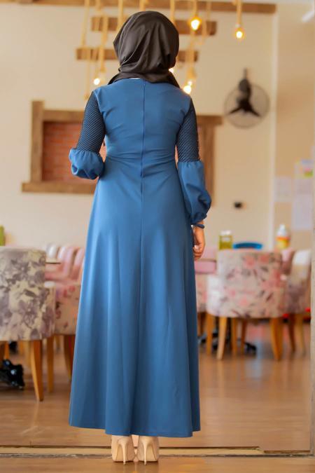Nayla Collection - Kolları Büzgülü İndigo Mavisi Tesettür Elbise 79260IM - 3
