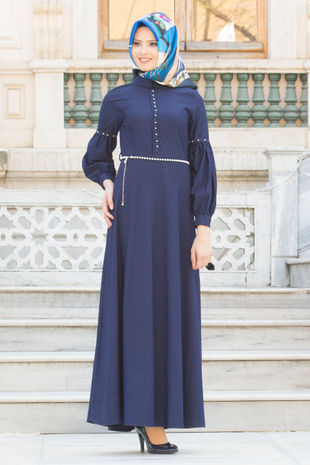 Nayla Collection - Kolları Büzgülü Lacivert Tesettür Elbise 6641L
