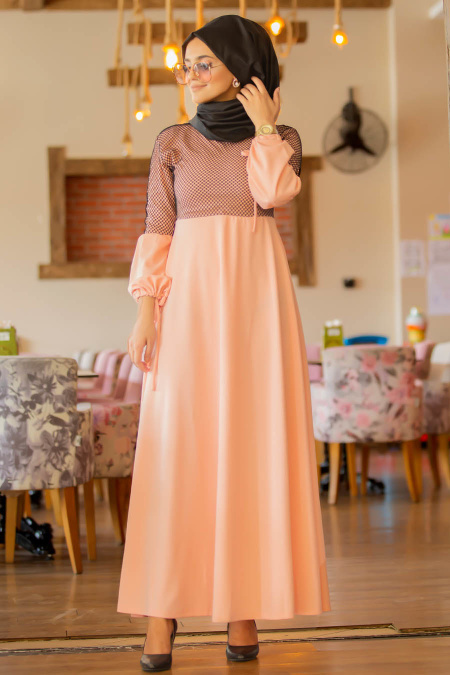 Nayla Collection - Kolları Büzgülü Somon Tesettür Elbise 79260SMN