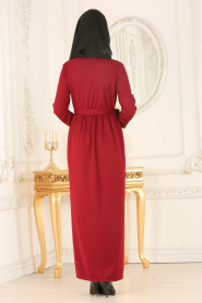 Nayla Collection - Kolları Çiçek Detaylı Bordo Tesettür Elbise 5400BR - Thumbnail