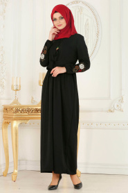 Nayla Collection - Kolları Çiçek Detaylı Siyah Tesettür Elbise 5400S - Thumbnail