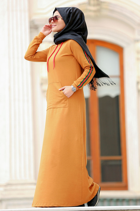 Nayla Collection - Kolları Çizgili Hardal Tesettür Elbise 8065HR