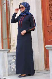 Nayla Collection - Kolları Çizgili Lacivert Tesettür Elbise 8065L - Thumbnail