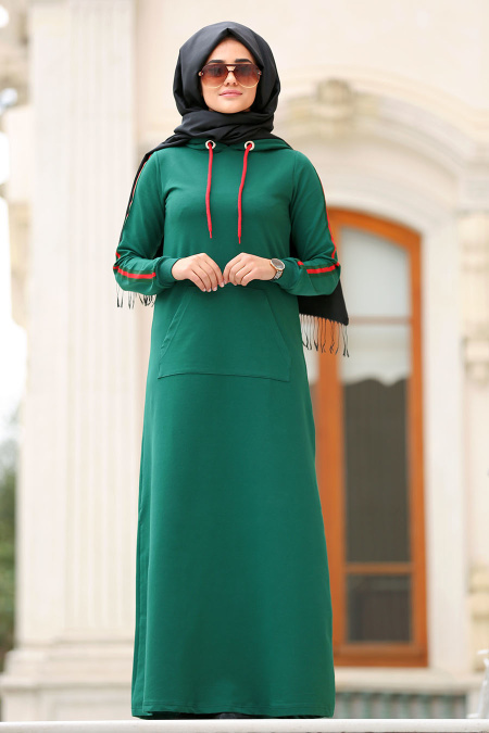 Nayla Collection - Kolları Çizgili Yeşil Tesettür Elbise 8065Y