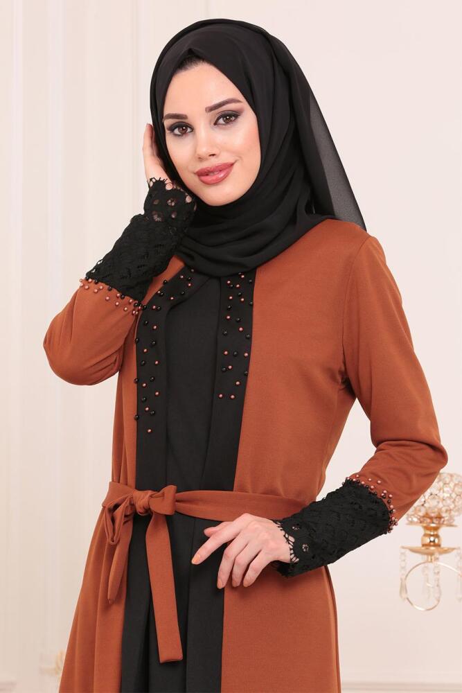 Nayla Collection - Kolları Dantelli Taba Tesettür Abaya 100357TB - 2