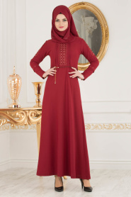 Nayla Collection - Kolları Detaylı Bordo Tesettür Elbise 10110BR - Thumbnail