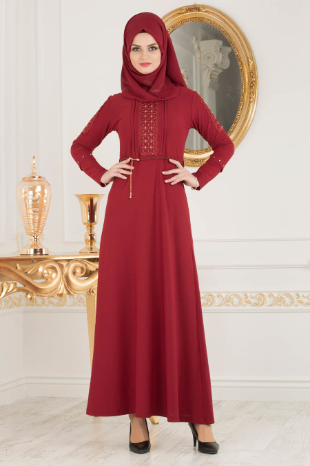 Nayla Collection - Kolları Detaylı Bordo Tesettür Elbise 10110BR