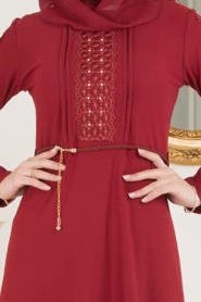 Nayla Collection - Kolları Detaylı Bordo Tesettür Elbise 10110BR - Thumbnail