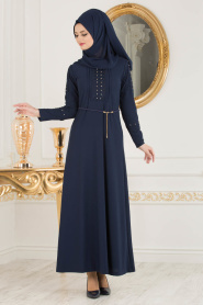 Nayla Collection - Kolları Detaylı Lacivert Tesettür Elbise 10110L - Thumbnail