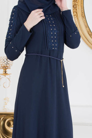 Nayla Collection - Kolları Detaylı Lacivert Tesettür Elbise 10110L - Thumbnail