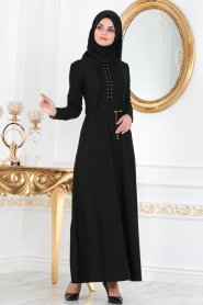 Nayla Collection - Kolları Detaylı Siyah Tesettür Elbise 10110S - Thumbnail
