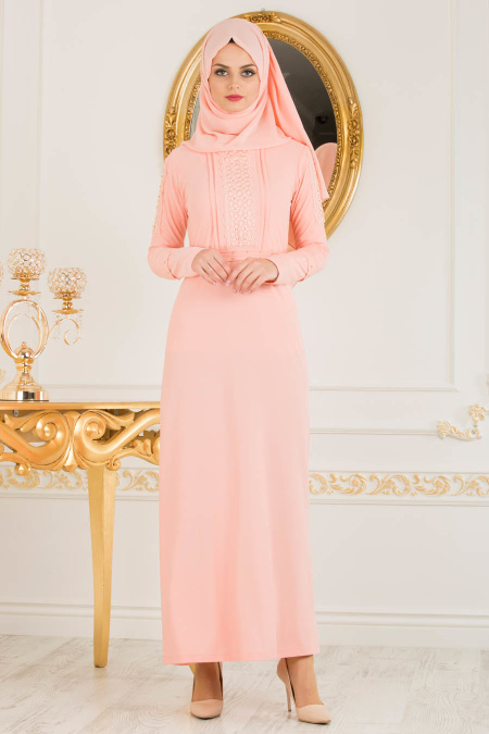 Nayla Collection - Kolları Detaylı Somon Tesettür Elbise 10110SMN