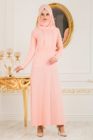 Nayla Collection - Kolları Detaylı Somon Tesettür Elbise 10110SMN - Thumbnail