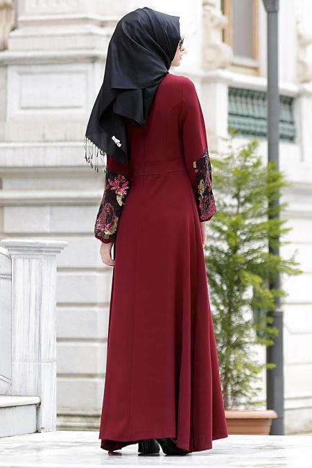 Nayla Collection - Kolları İşlemeli Bordo Tesettür Elbise 4148BR - 3