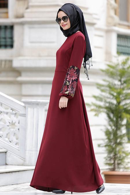 Nayla Collection - Kolları İşlemeli Bordo Tesettür Elbise 4148BR - 2