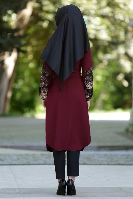 Nayla Collection - Kolları İşlemeli Bordo Tunik - 3