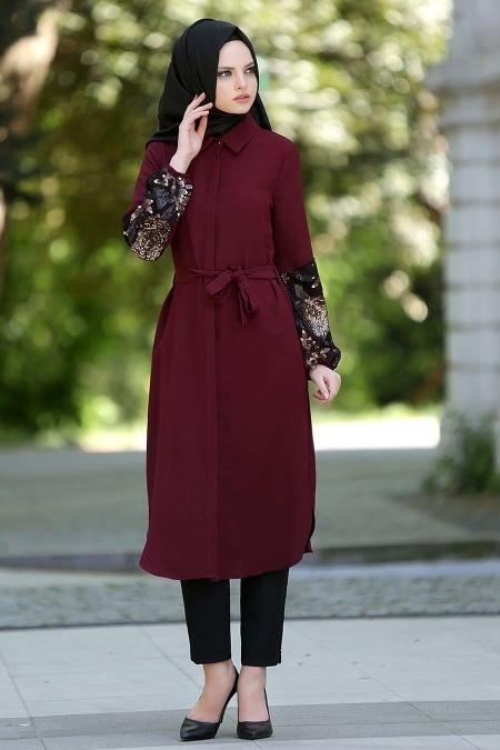 Nayla Collection - Kolları İşlemeli Bordo Tunik - 2