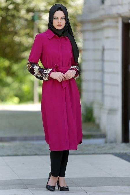 Nayla Collection - Kolları İşlemeli Fuşya Tunik - 2