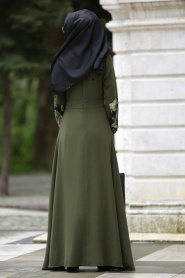 Nayla Collection - Kolları İşlemeli Haki Tesettür Elbise 4148HK - Thumbnail