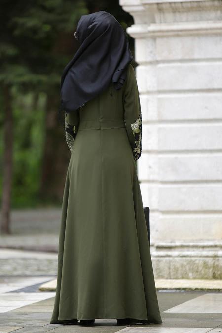 Nayla Collection - Kolları İşlemeli Haki Tesettür Elbise 4148HK - 3
