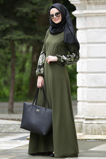 Nayla Collection - Kolları İşlemeli Haki Tesettür Elbise 4148HK - 2