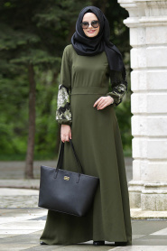 Nayla Collection - Kolları İşlemeli Haki Tesettür Elbise 4148HK - Thumbnail