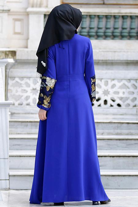Nayla Collection - Kolları İşlemeli Sax Mavisi Tesettür Elbise 4148SX - 3