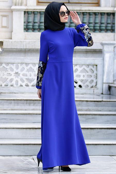 Nayla Collection - Kolları İşlemeli Sax Mavisi Tesettür Elbise 4148SX - 2