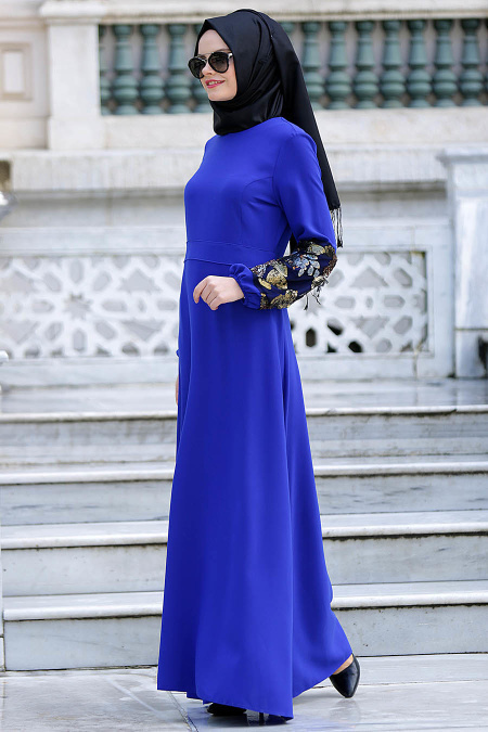 Nayla Collection - Kolları İşlemeli Sax Mavisi Tesettür Elbise 4148SX