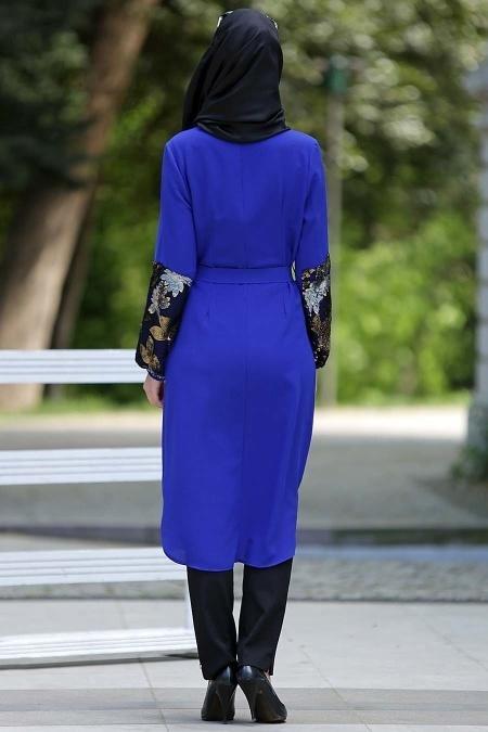Nayla Collection - Kolları İşlemeli Sax Mavisi Tunik - 3
