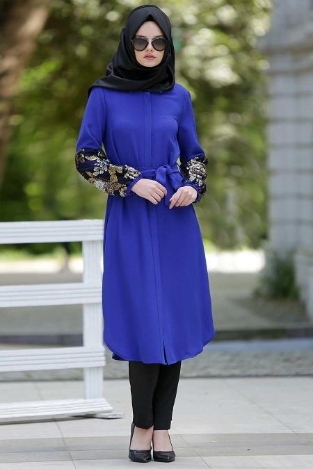 Nayla Collection - Kolları İşlemeli Sax Mavisi Tunik - 2