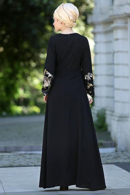 Nayla Collection - Kolları İşlemeli Siyah Tesettür Elbise 4148S - 3