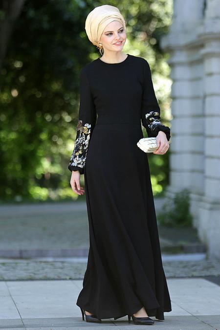 Nayla Collection - Kolları İşlemeli Siyah Tesettür Elbise 4148S - 2