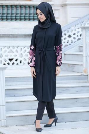 Nayla Collection - Kolları İşlemeli Siyah Tunik - 1