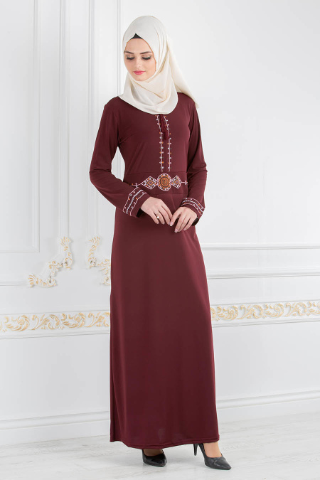 Nayla Collection - Kolları Nakışlı Bordo Tesettür Elbise 9881BR