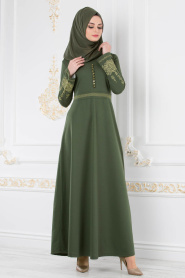 Nayla Collection - Kolları Nakışlı Haki Tesettür Elbise 8183HK - Thumbnail