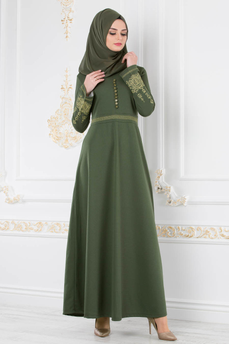 Nayla Collection - Kolları Nakışlı Haki Tesettür Elbise 8183HK