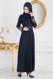 Nayla Collection - Kolları Nakışlı Lacivert Tesettür Elbise 8183L - Thumbnail