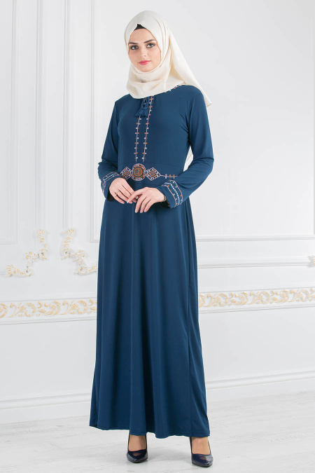 Nayla Collection - Kolları Nakışlı Petrol Mavisi Tesettür Elbise 9881PM