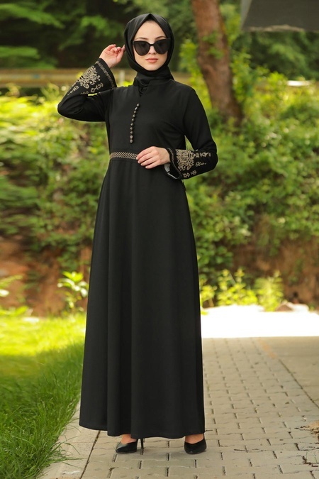 Nayla Collection - Kolları Nakışlı Siyah Tesettür Elbise 8183S