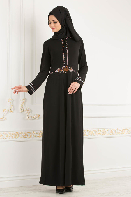 Nayla Collection - Kolları Nakışlı Siyah Tesettür Elbise 9881S