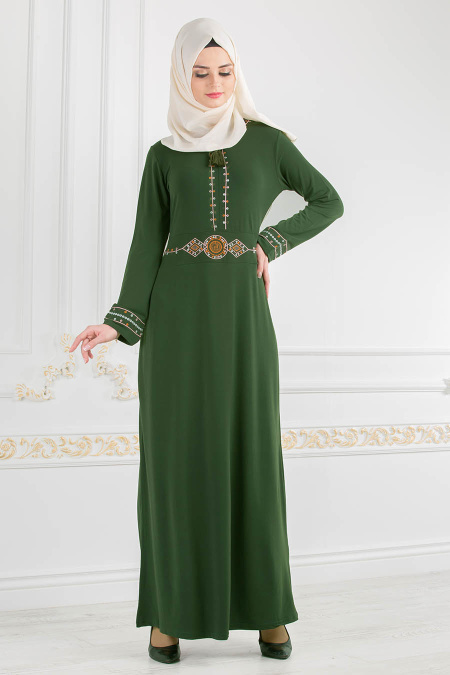 Nayla Collection - Kolları Nakışlı Yeşil Tesettür Elbise 9881Y