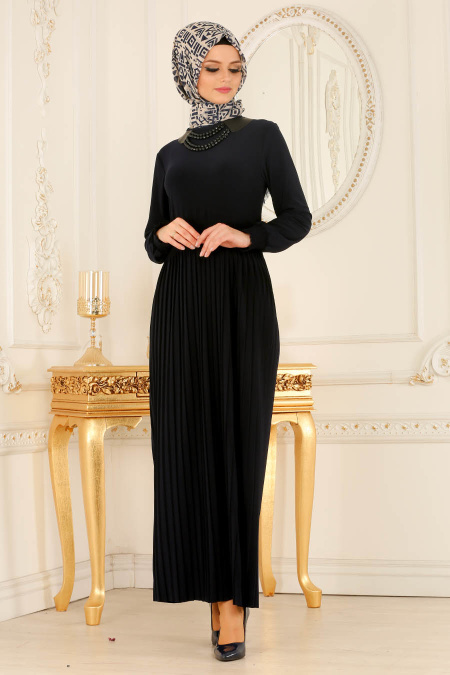 Nayla Collection - Kolye Detaylı Lacivert Tesettür Elbise 5240L