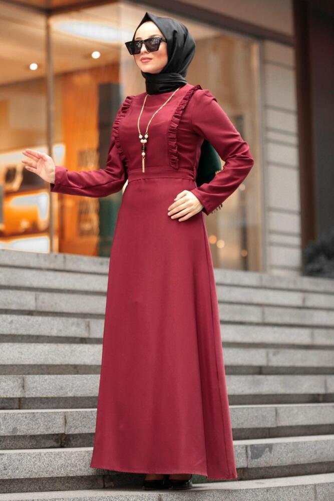 Nayla Collection - Kolyeli Bordo Tesettür Elbise 45180BR - 2