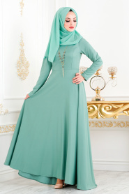 Nayla Collection - Kolyeli Çağla Yeşili Tesettür Elbise 8040CY - Thumbnail