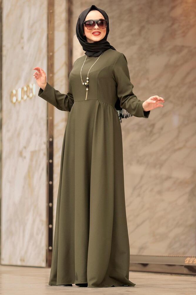 Nayla Collection - Kolyeli Haki Tesettür Elbise 4517HK - 1
