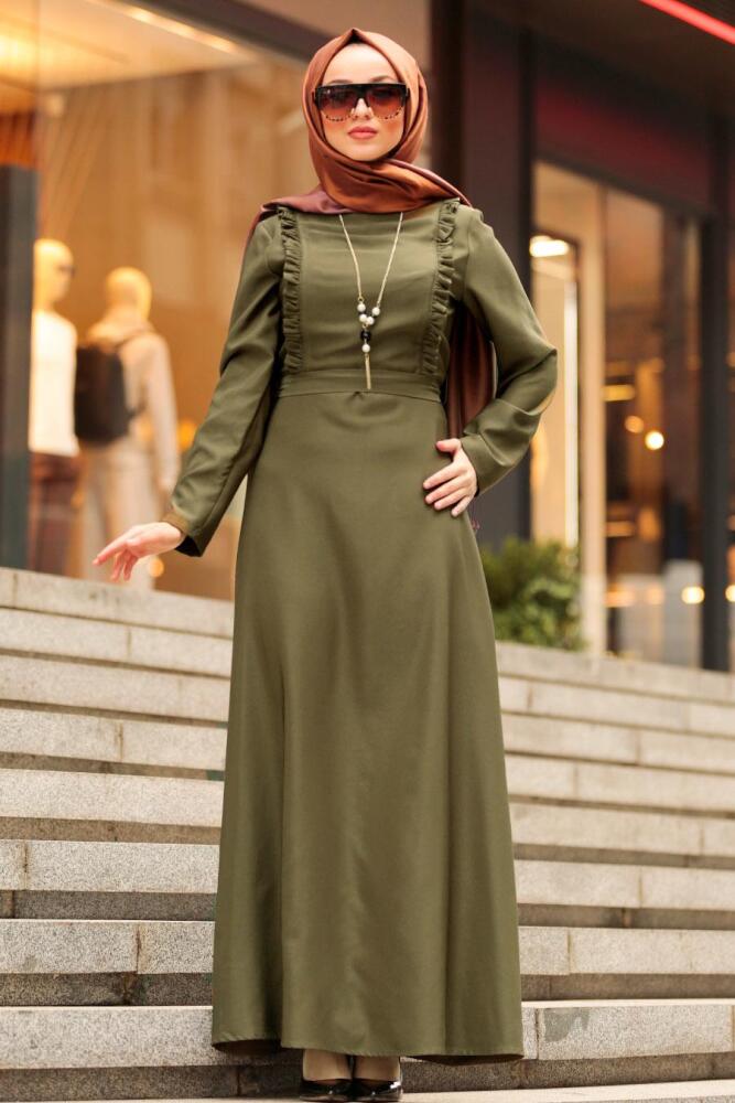 Nayla Collection - Kolyeli Haki Tesettür Elbise 45180HK - 1