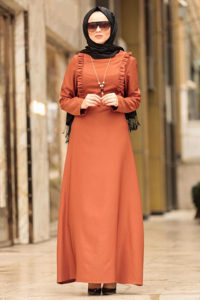 Nayla Collection - Kolyeli Kiremit Tesettür Elbise 45180KRMT - 1
