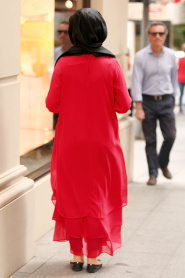 Nayla Collection - Kolyeli Kırmızı Tesettür Elbise 3167K - Thumbnail