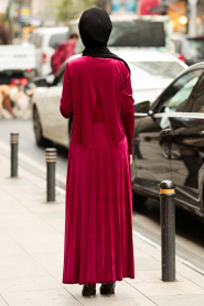 Nayla Collection - Kadife Pileli Kırmızı Tesettür Elbise 3194K - Thumbnail